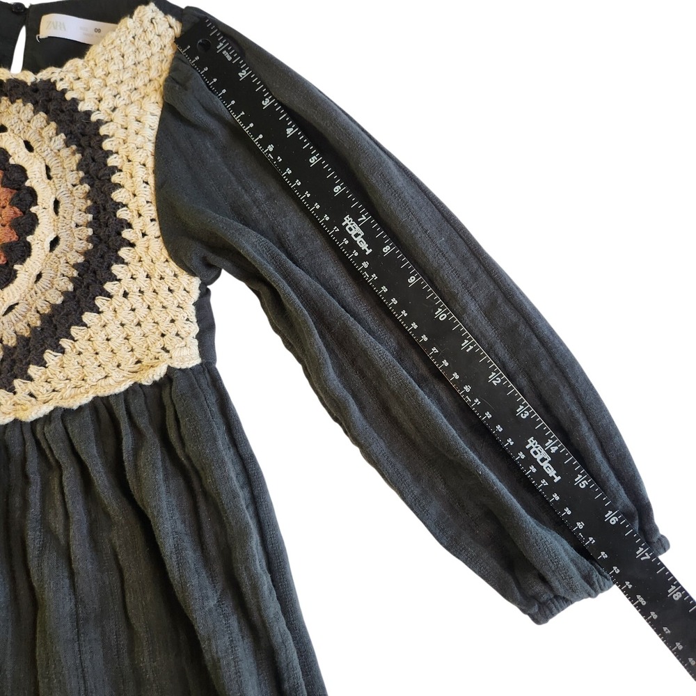 ZARA Crochet Dress Girls 9 Black Cotton Long Sleeve Boho Grannycore Cottagecore - Picture 6 of 7